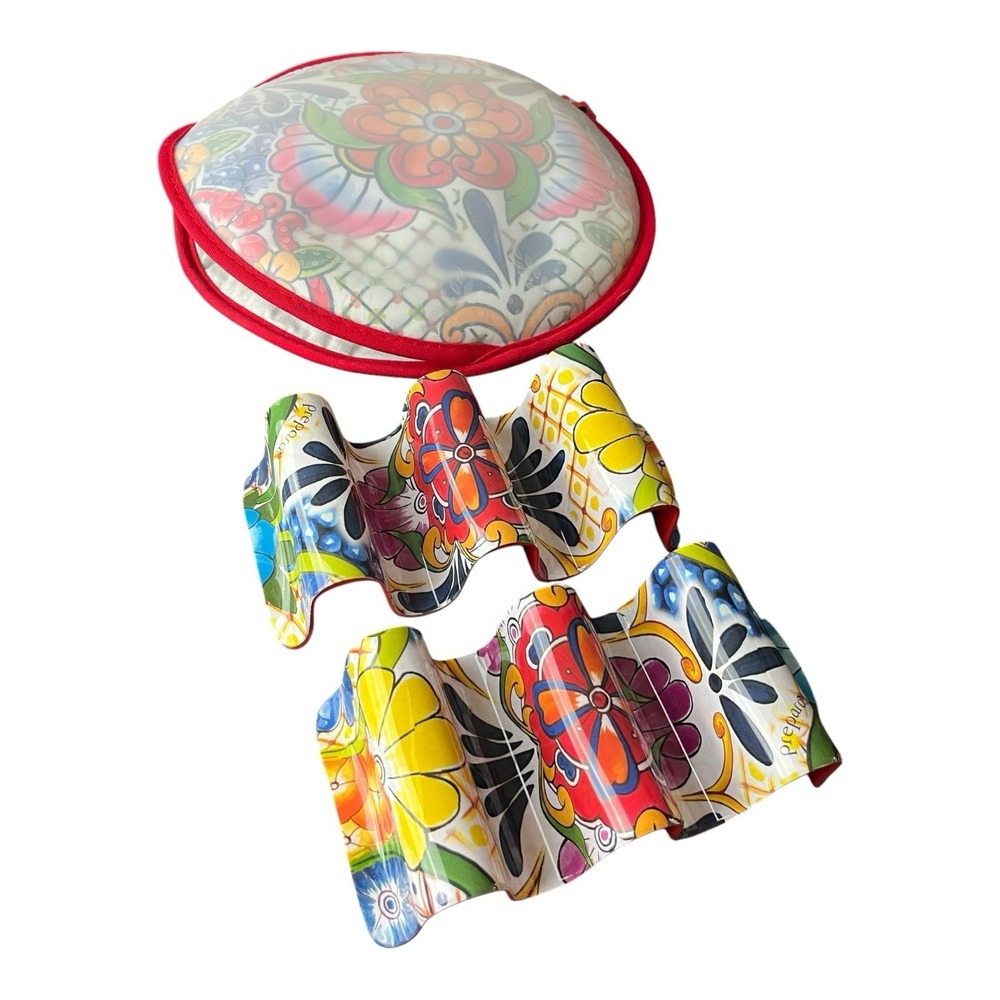 Prepara Set of 2 Taco Holders & Tortilla Warmer Never Used Floral Bright Colors